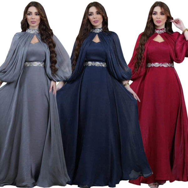 Two-piece Hot Drilling Bright Silk Fashion Satin Robe Abaya - Image 3