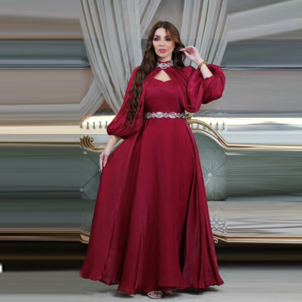 Two-piece Hot Drilling Bright Silk Fashion Satin Robe Abaya - Image 5